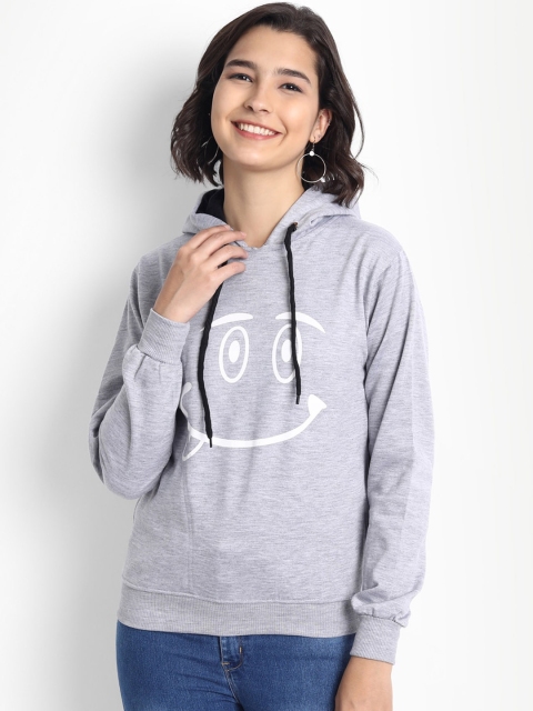 

BROADSTAR Women Grey Printed Hooded Sweatshirt