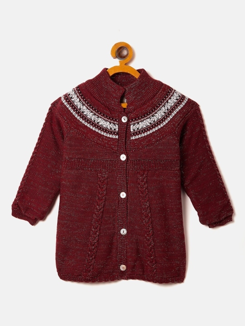 

JWAAQ Girls Maroon & White Self Design Pure Cotton Cardigan