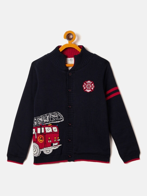 

JWAAQ Boys Navy Blue & Red Self Design Front-Open Cardigan