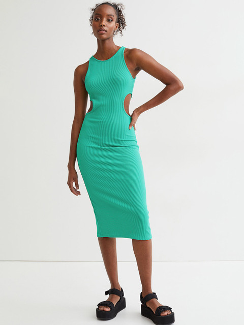 

H&M Women Green Solid Ribbed Cut-Out Dress