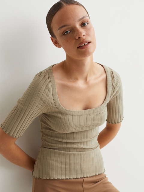 

H&M Women Beige Ribbed Top