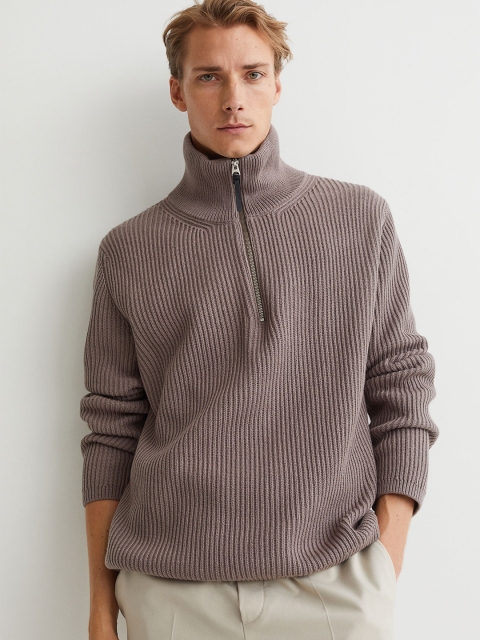

H&M Men Grey Ribbed Wool-Blend Jumper