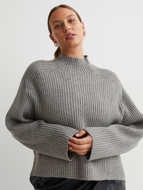 

H&M Women Grey Rib-Knit Turtleneck Jumper