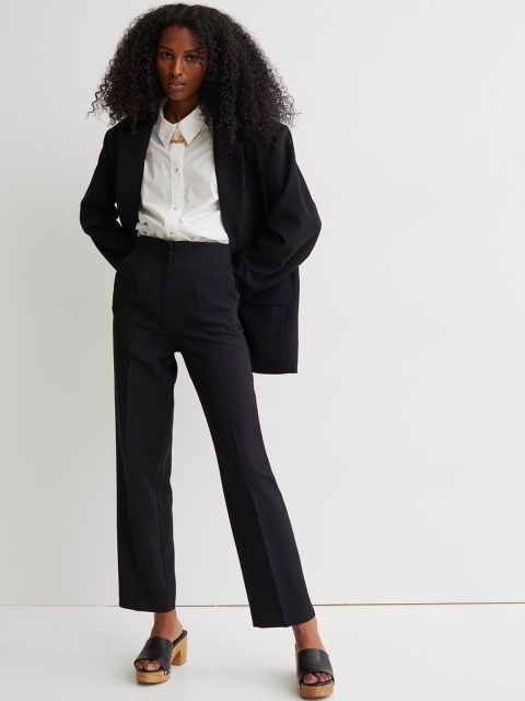 

H&M Women Black Solid Crease-Leg Trousers