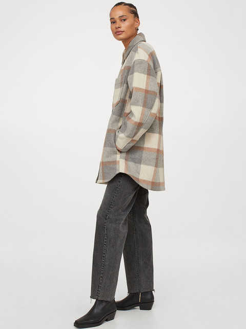 

H&M Women Grey & Cream-Coloured Checked Oversized Shirt Jacket