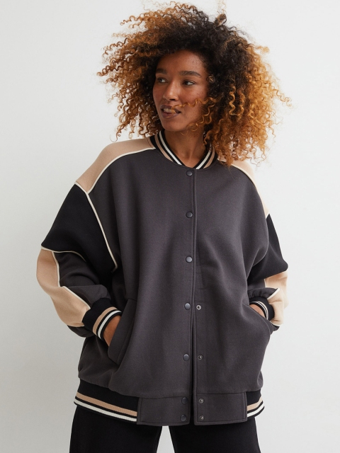 

H&M Women Grey Beige Colourblocked Baseball Jacket