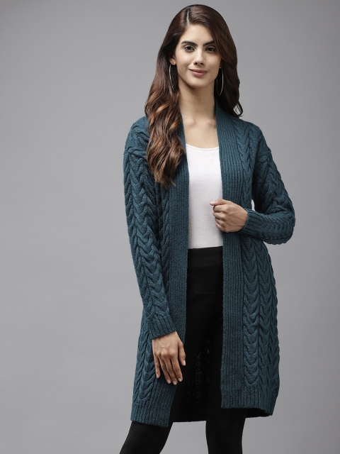 

Cayman Women Teal Blue Self Design Longline Shrug