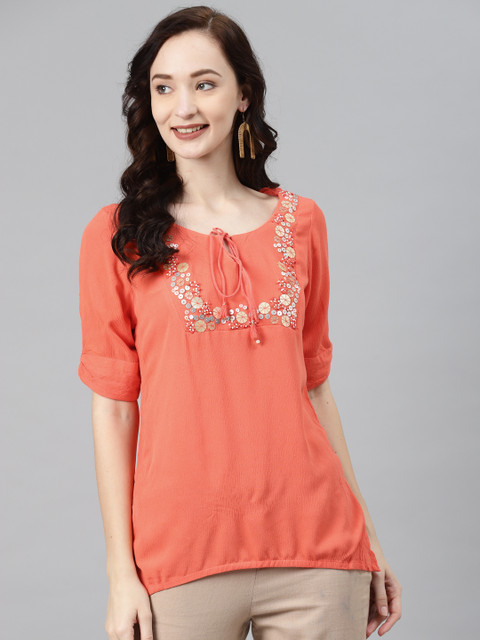 

Lakshita Orange Solid Tie-Up Neck Crepe Regular Top