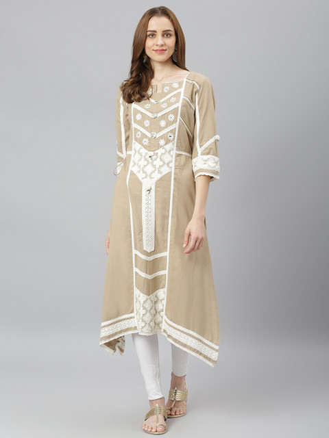 

Lakshita Women Beige Geometric Embroidered Kurta