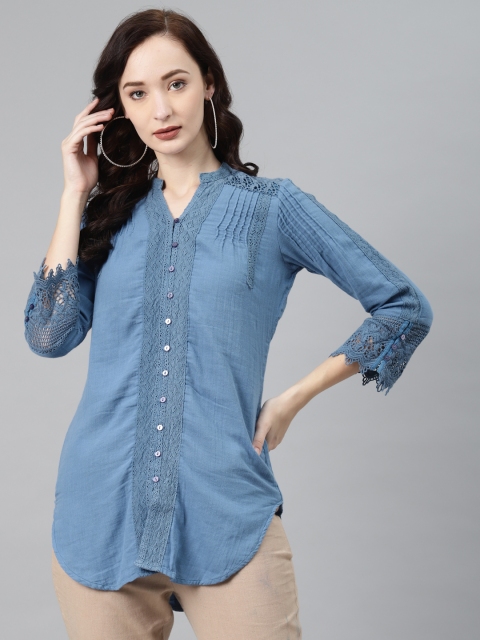 

Lakshita Blue Floral Mandarin Collar Shirt Style Top