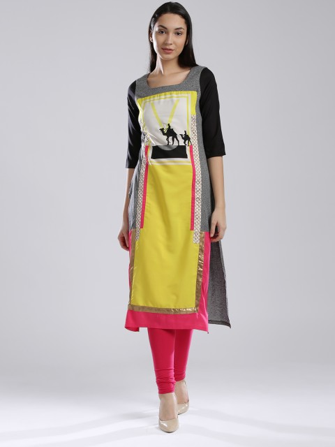 

W Women Lime Green Colourblocked Straight Kurta