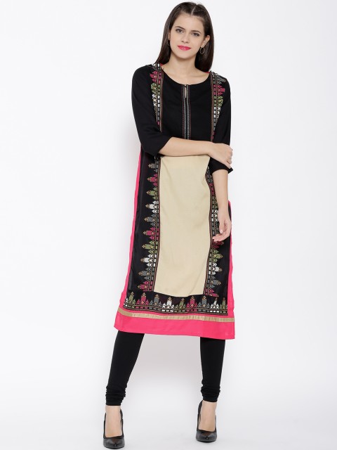 

W Women Black & Pink Printed Straight Kurta