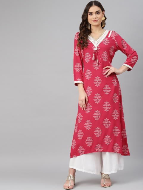 

Lakshita Pink Printed V-Neck Kurti