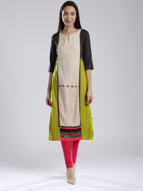 

W Women Beige & Green Printed Straight Kurta