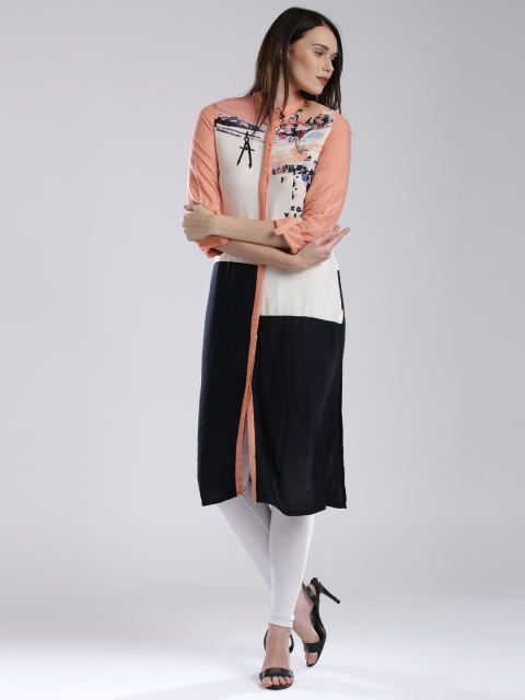 

W Women Off-White & Navy Colourblock Straight Kurta