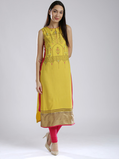 

W Women Yellow Printed Straight Kurta