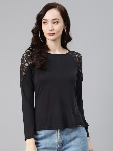 

Lakshita Black Solid Lace Detail Regular Top