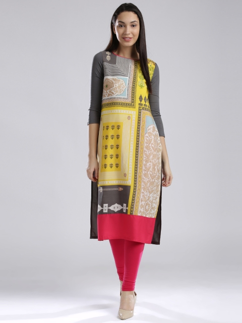 

W Women Yellow & Grey Printed Straight Kurta
