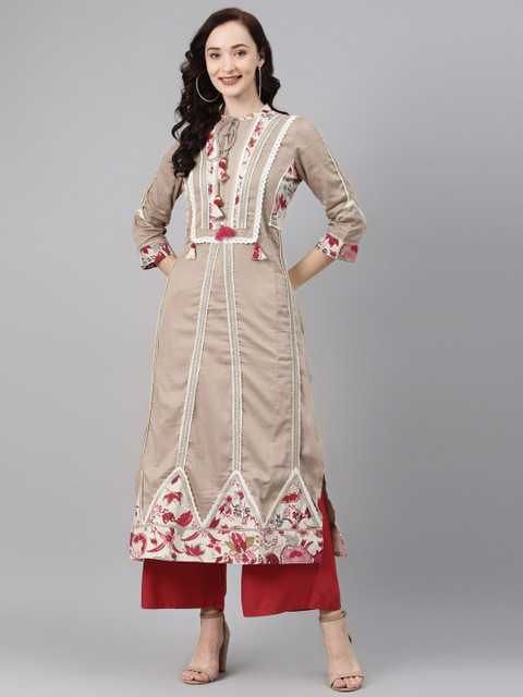 

Lakshita Women Beige & Red Floral Printed Cotton Kurta