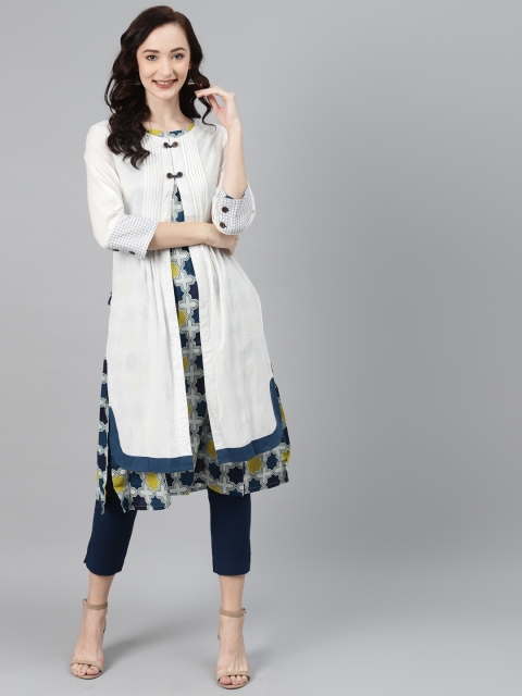 

Lakshita Navy Blue Ethnic Motifs Printed Kurti & Shrug