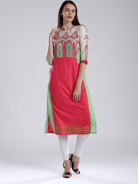 

W Women Pink & Off-White Printed Straight Kurta