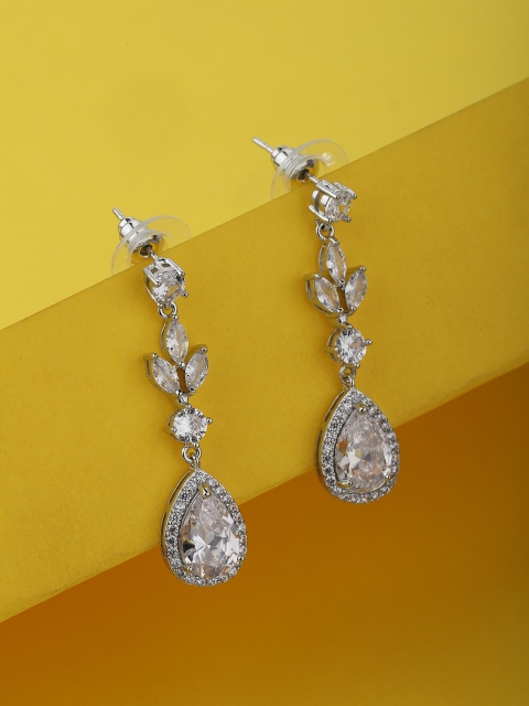 

Carlton London Rhodium-Plated Silver-Toned CZ Studded Teardrop Shaped Drop Earrings