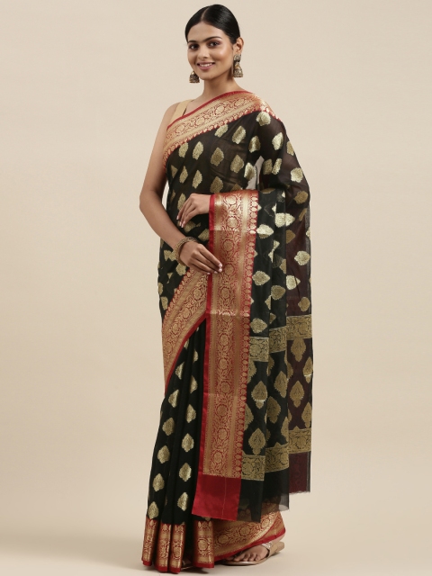 

swatika Black Woven Design Zari Silk Blend Chanderi Saree