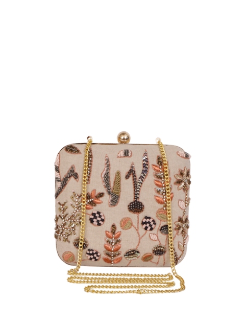 

REZZY Beige Embroidered Embellished Box Clutch