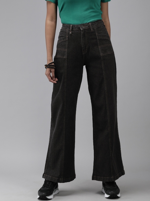 

The Roadster Lifestyle Co Women Black Wide Leg High-Rise Light Fade Stretchable Jeans