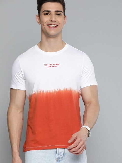

Mast & Harbour Men White & Rust Red Typography Embroidered Pure Cotton Ombre T-shirt