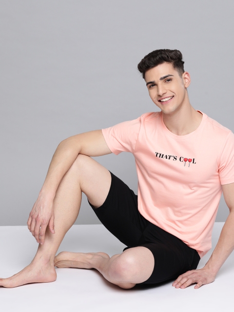 

Mast & Harbour Men Peach-Coloured & Black Printed Pure Cotton Shorts Set