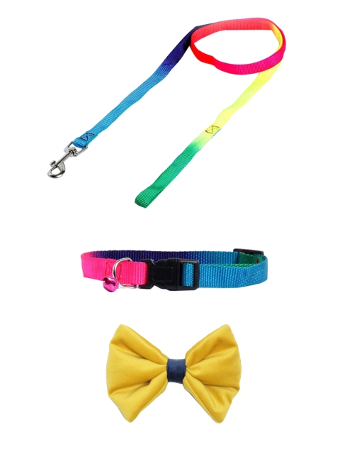 

WIGGLE TWIDDLE Pack Of 2 Pink & Yellow Self Design Pet Leash & Pet Bow
