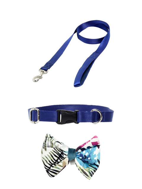 

WIGGLE TWIDDLE Blue Dog Leash & Floral Printed Dog Bow Tie