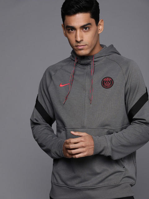 

Nike Men Grey Logo Printed Sleeve Striped Hooded Sweatshirt