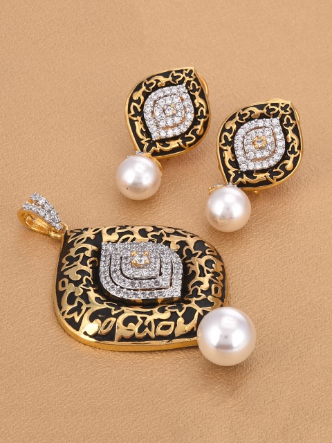

Tistabene Black Floral Enamel and Pearl Pendant & Earrings Set