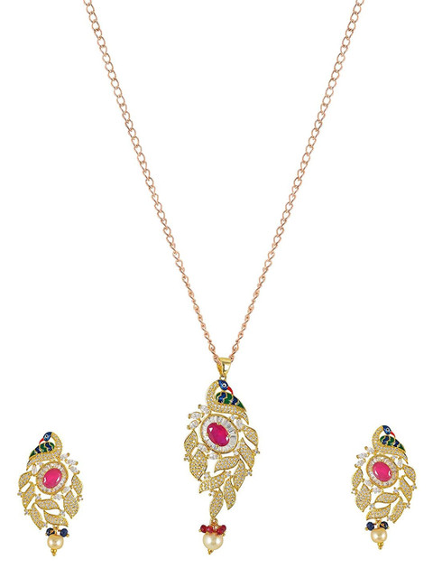 

Tistabene Gold Tone Peacock Enamelled International Diamonds Designer Pendant Set
