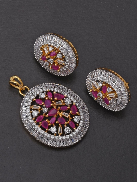 

Tistabene Gold-Toned & Pink Stone Studded Pendant With Earrings, Red