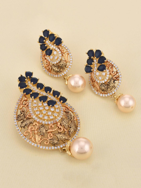 

Tistabene Blue Floral Antique Designer Pendant & Earrings Set, Gold