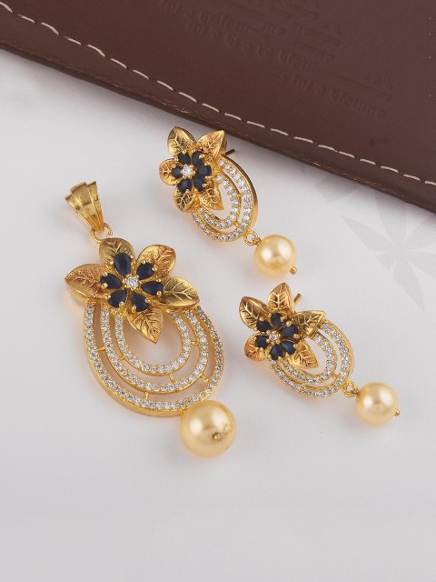 

Tistabene Gold-Toned & White Stone Studded Contemporary Pendant With Earrings