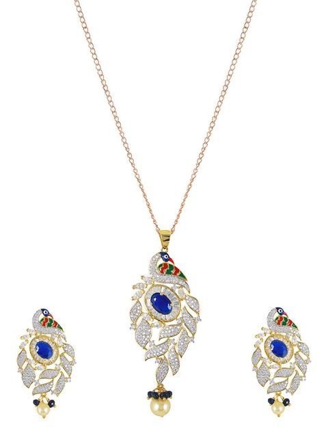 

Tistabene Gold Tone Peacock Enamelled Designer Pendant & Earrings Set