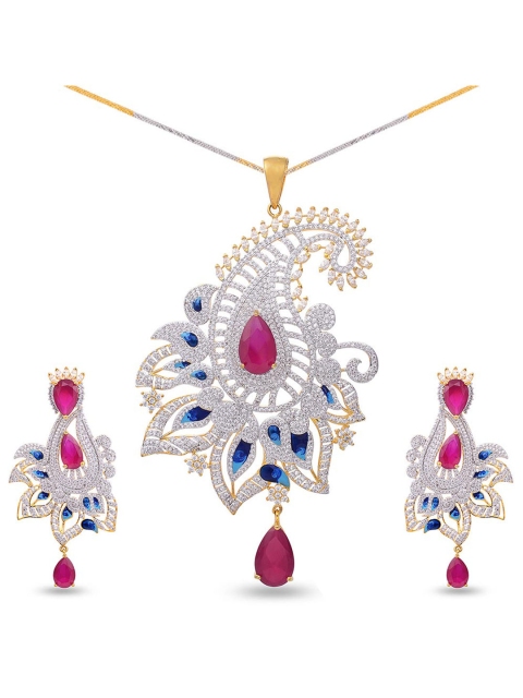 

Tistabene White & Red Stone Studded Enameled Pendant With Earrings