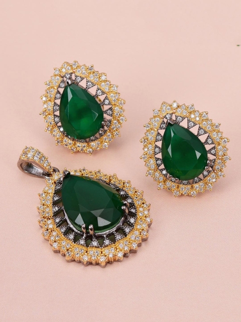 

Tistabene Women Green & Gold-Toned Teardrop Shaped Pendant Set