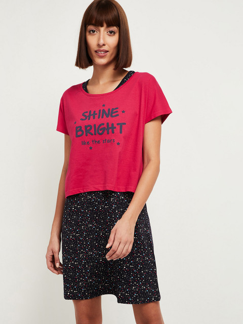 

max Fuchsia Pink & Black Printed Pure Cotton Nightdress With T-shirt