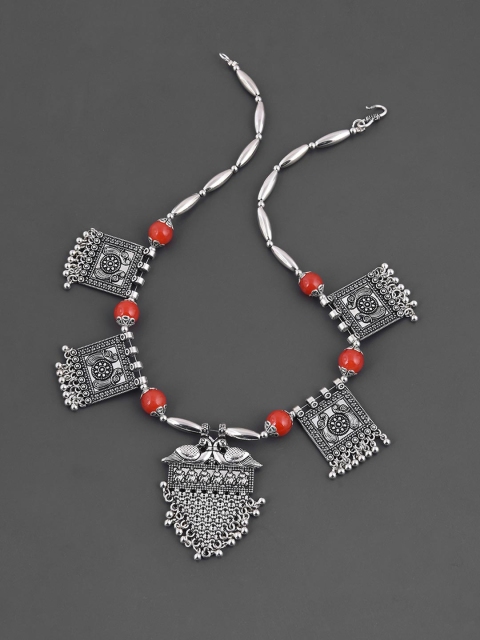 

Tistabene Red & Silver-Plated Peacock Motif Necklace