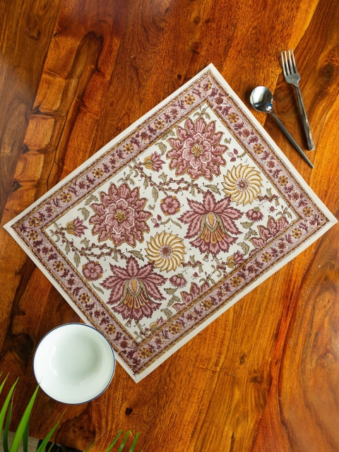

ExclusiveLane Set Of 2 White & Pink Floral Printed Cotton Rectangular Table Placemats