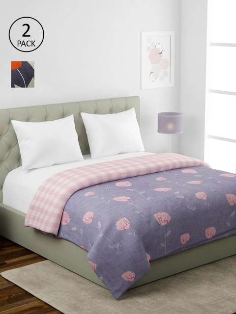 

KLOTTHE Pink & Navy Blue Set of 2 Floral AC Room 354 GSM Double Bed Comforter