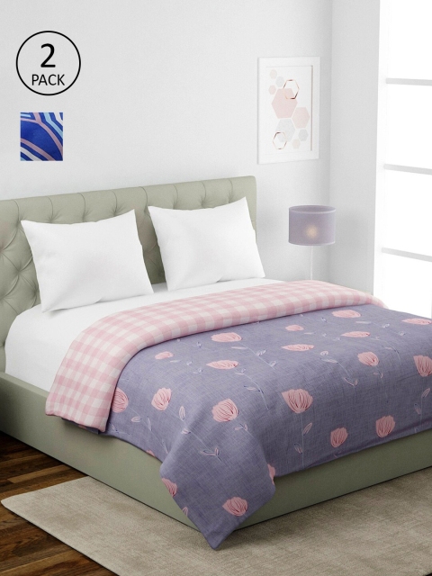 

KLOTTHE Beige & Blue Set of 2 Floral AC Room 354 GSM Double Bed Comforter