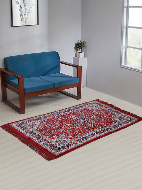 

KLOTTHE Maroon & Beige Floral Printed Handmade Cotton Traditional Carpet