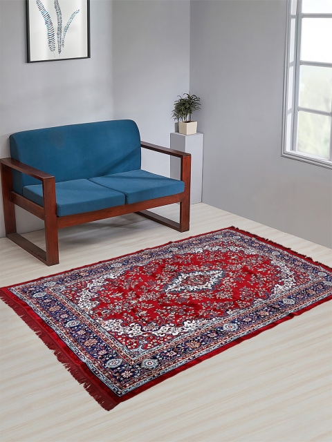 

KLOTTHE Maroon & White Floral Printed Handmade Cotton Traditional Carpet