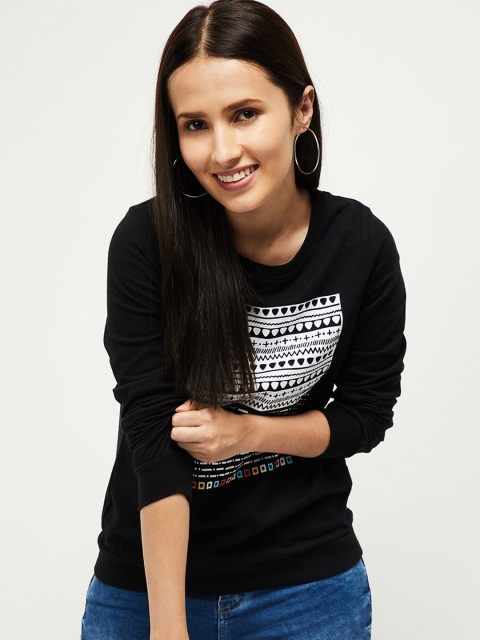

max Women Black & White Printed Cotton T-shirt